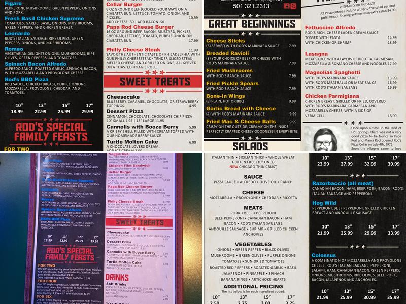 Rod's Pizza Cellar Menu