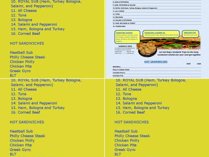 Sub King Sandwich Shop Menu