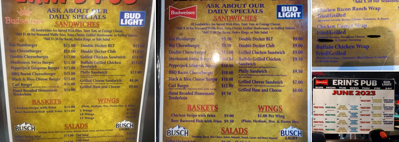 Erin's Pub Menu