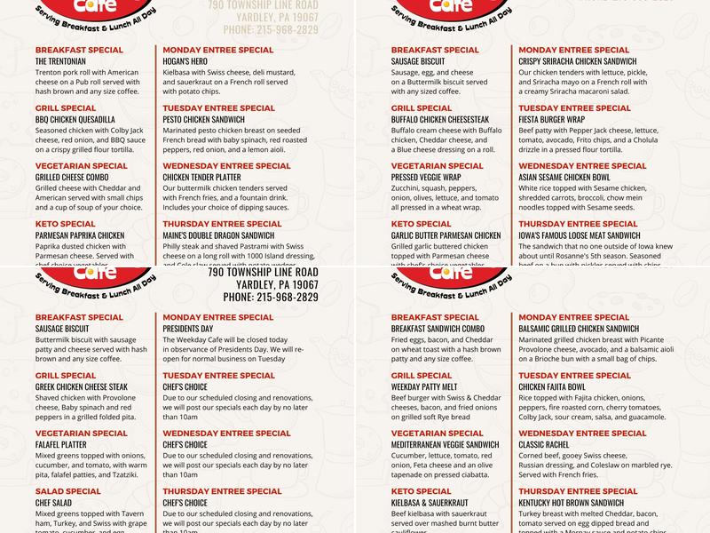 The Weekday Cafe Menu