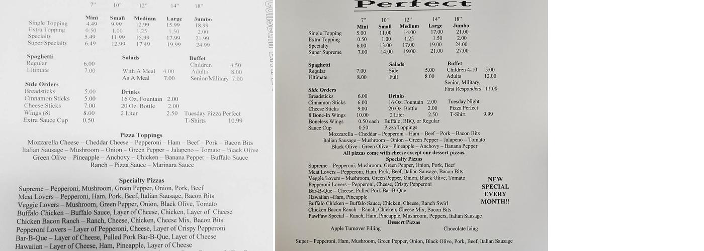 Pizza Perfect Menu