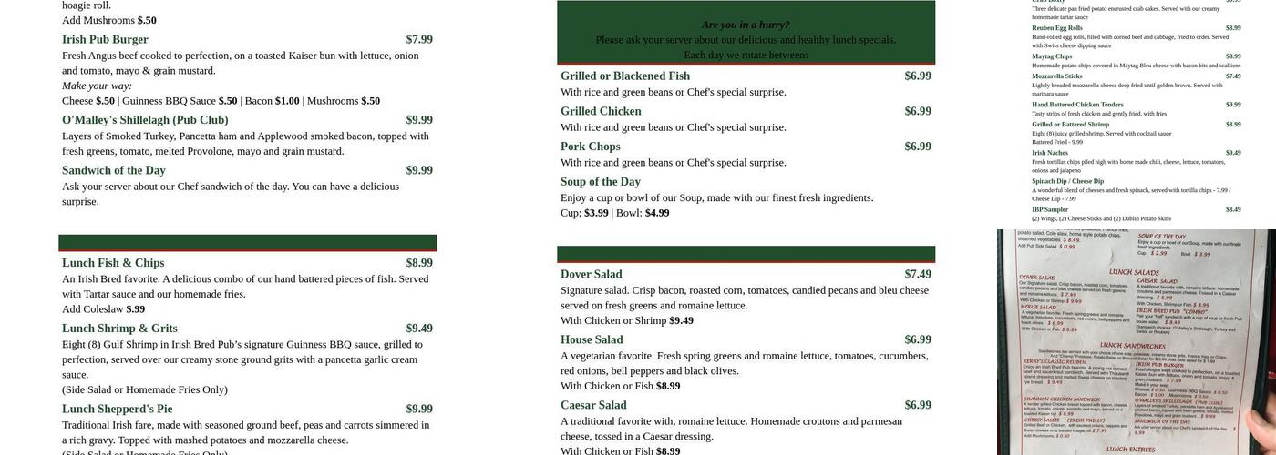 Irish Bred Pub and Restaurant Menu