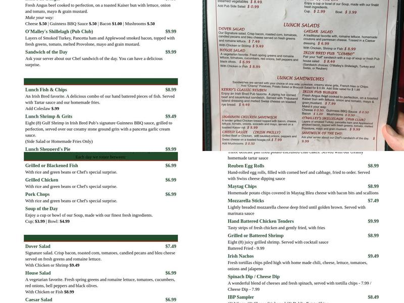 Irish Bred Pub and Restaurant Menu