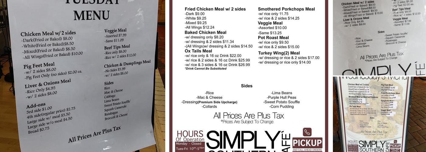 Simply Southern Cafe Menu