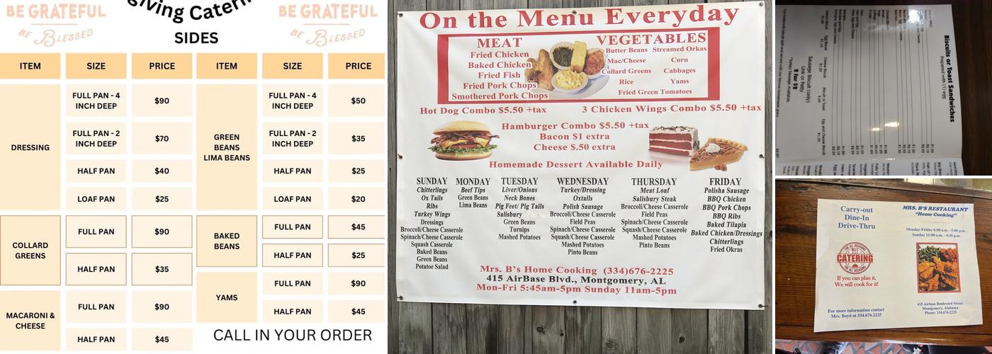 Mrs B's Home Cooking Menu