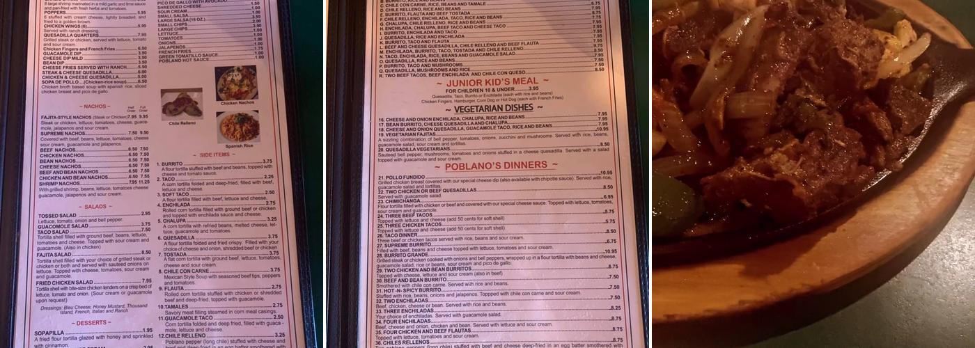 Poblanos Méxican Restaurant Menu