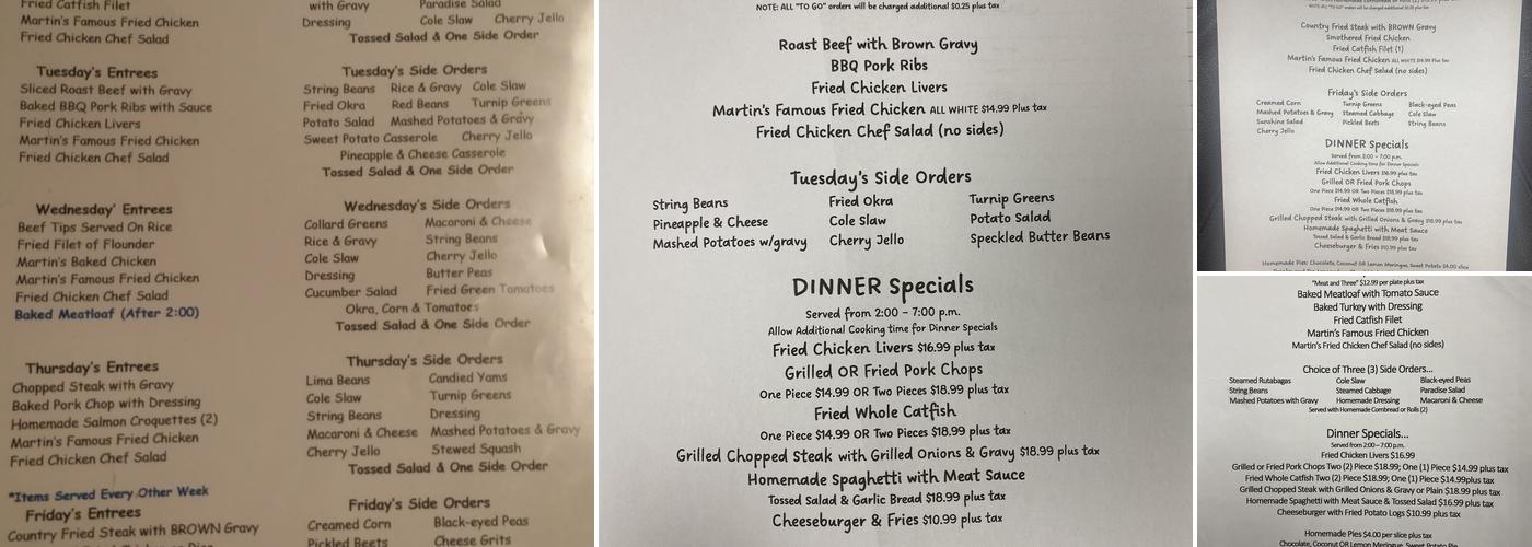 Martin's Restaurant Menu