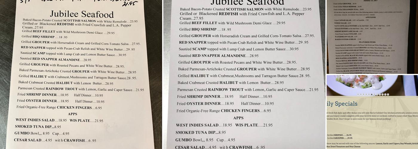 Jubilee Seafood Menu