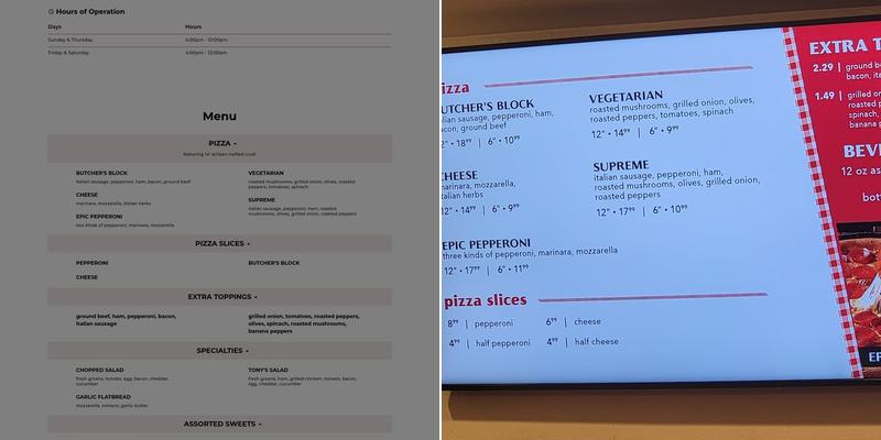 Big Tony's Pizza Menu