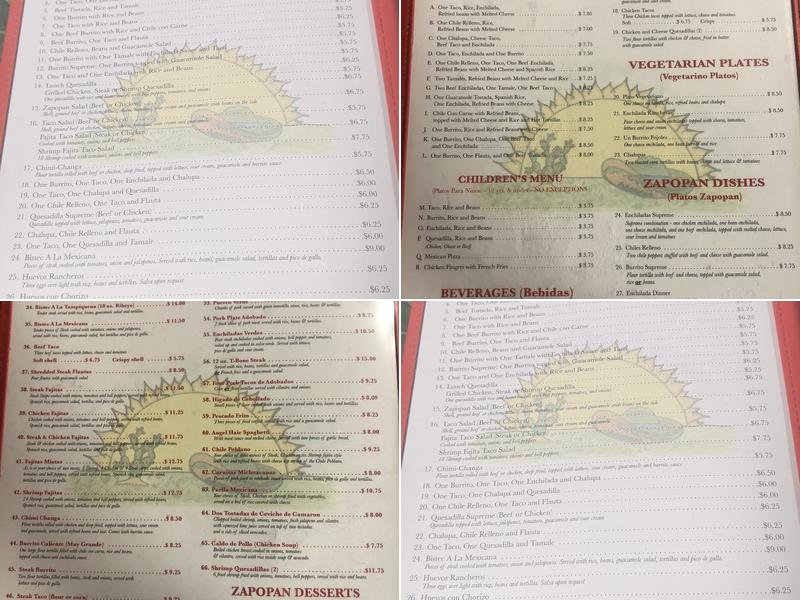 Zapopan Mexican Restaurant Menu