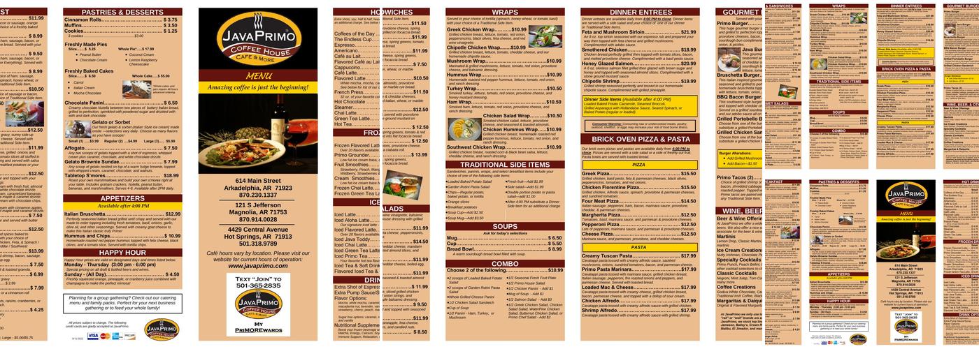JavaPrimo Coffee House Cafe & More - ARKADELPHIA Menu