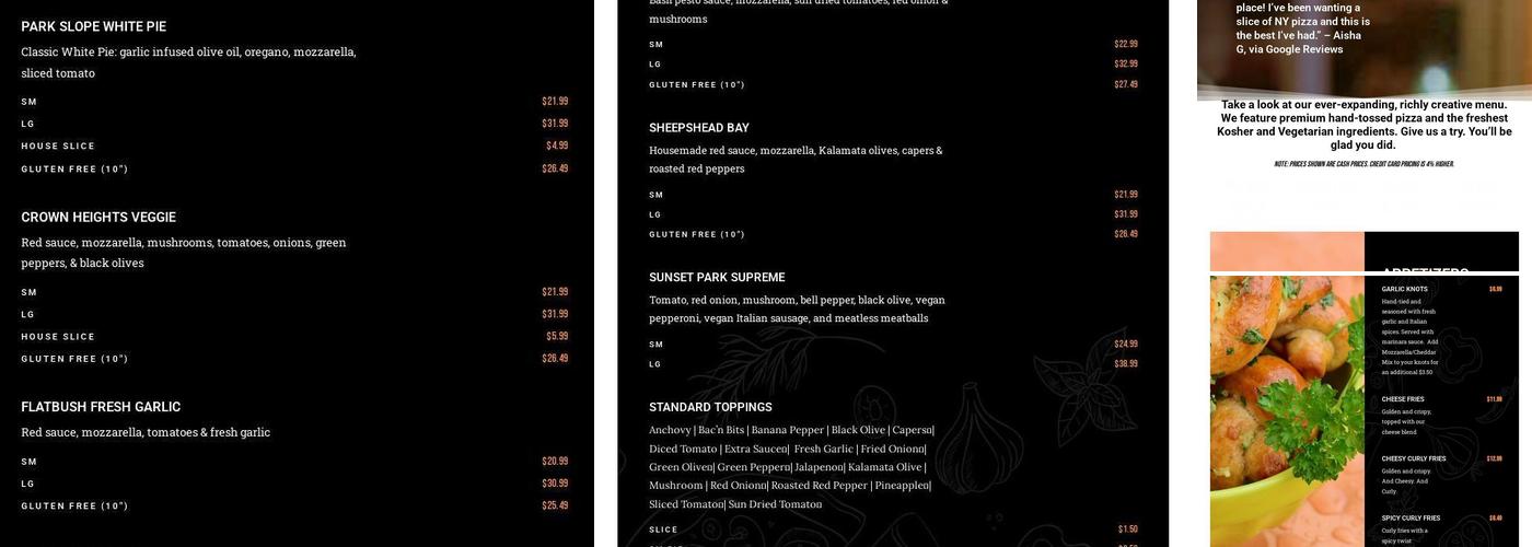 Brooklyn Pizza Menu