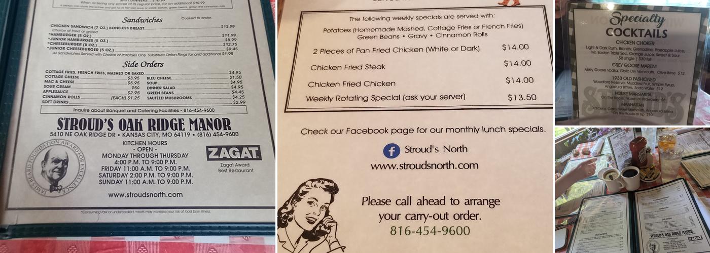 Stroud's Oak Ridge Manor Menu