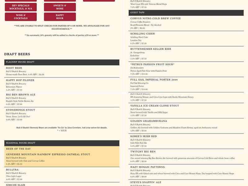 Bull & Bush Brewery Menu