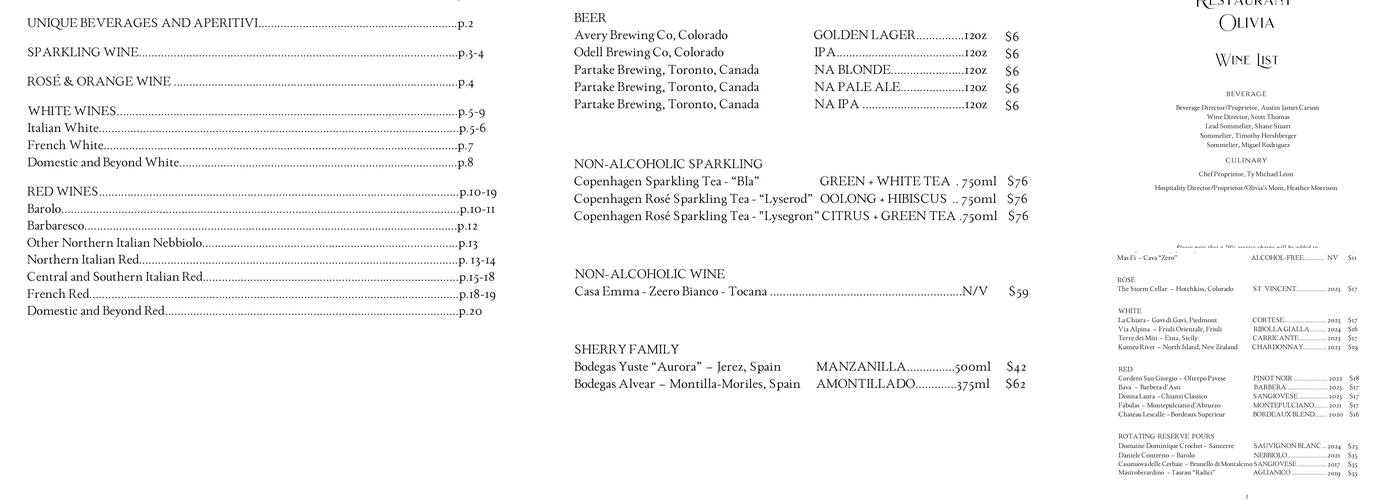 Restaurant Olivia Menu