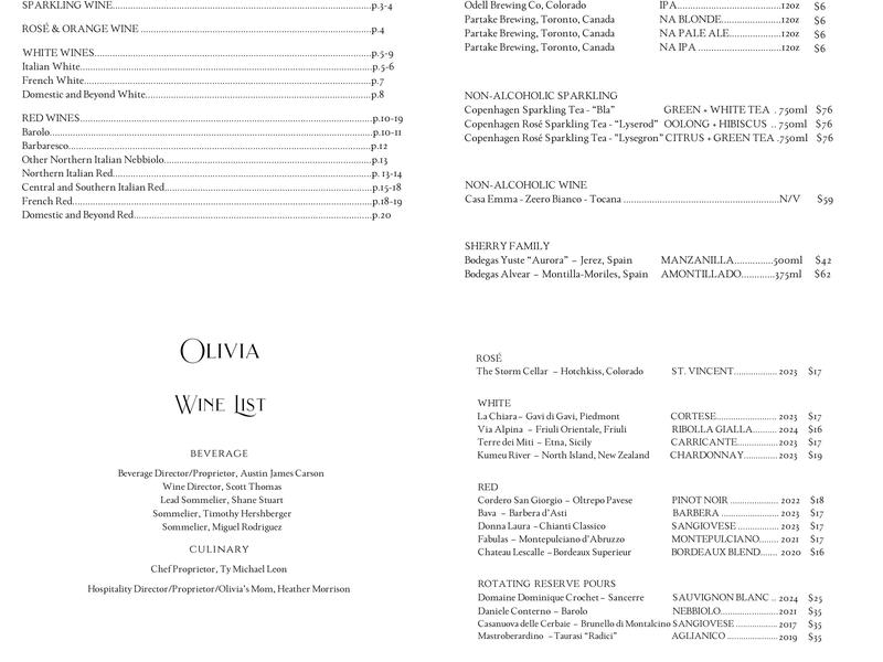 Restaurant Olivia Menu