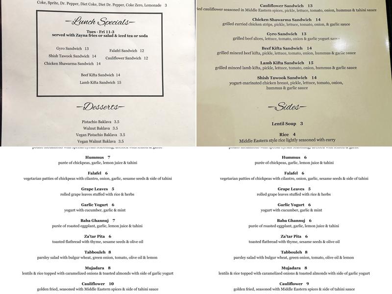 Zayna Mediterranean Restaurant Menu