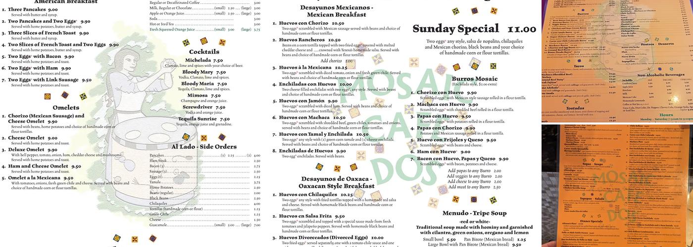Mosaic Cafe Dos Menu