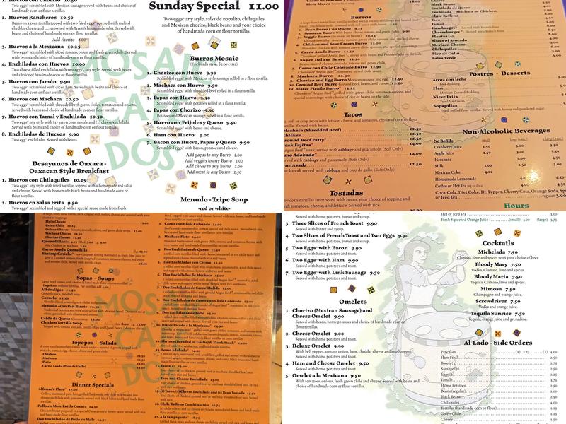 Mosaic Cafe Dos Menu