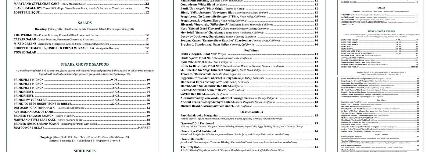 Bob's Steak & Chop House Menu