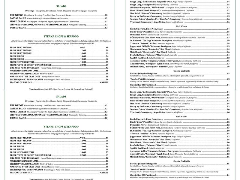 Bob's Steak & Chop House Menu