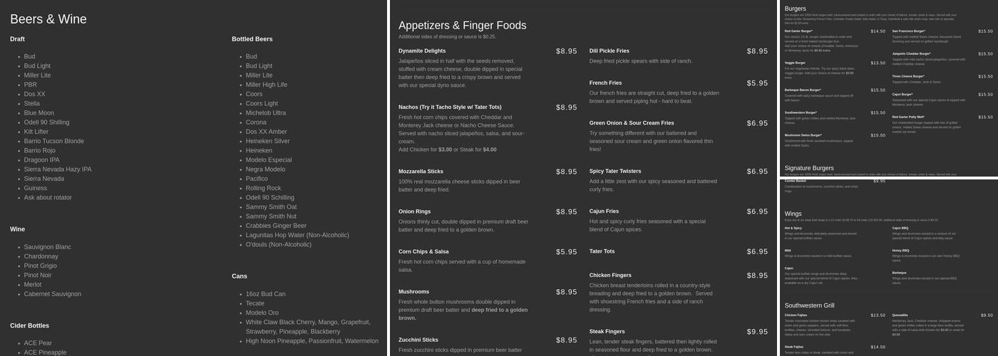 Red Garter Saloon Bar & Grill Menu