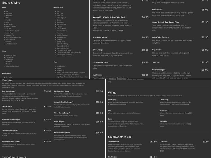 Red Garter Saloon Bar & Grill Menu