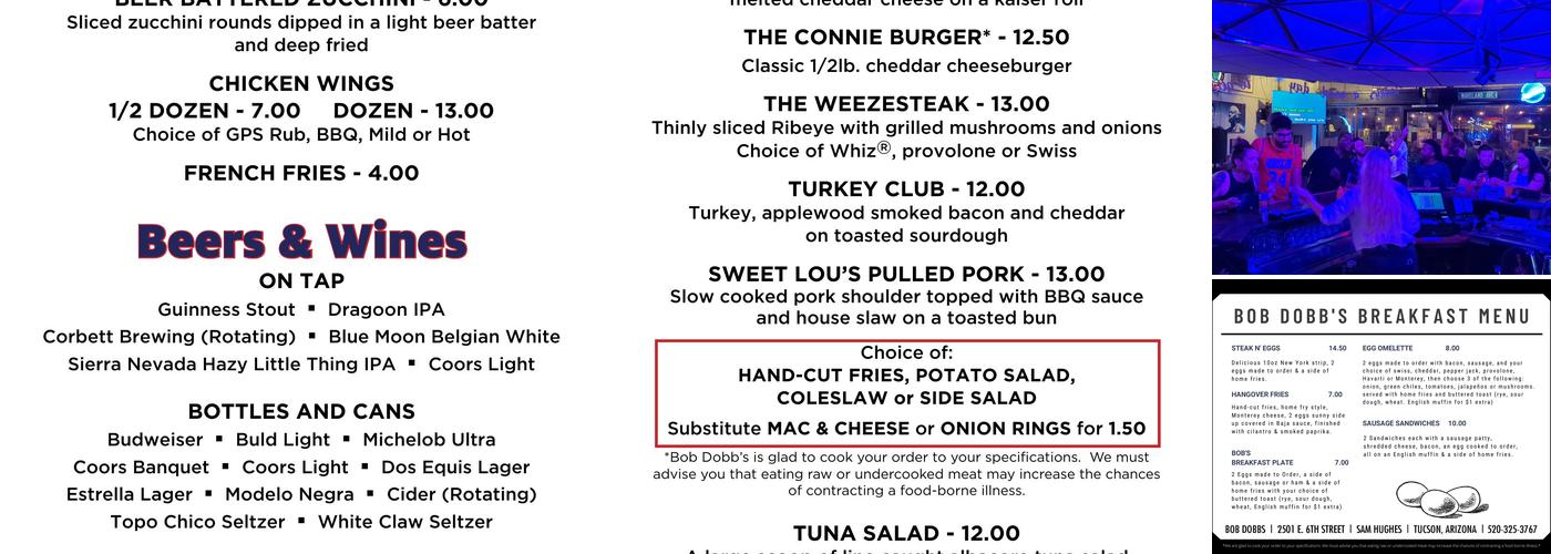 Bob Dobb's Bar & Grill Menu