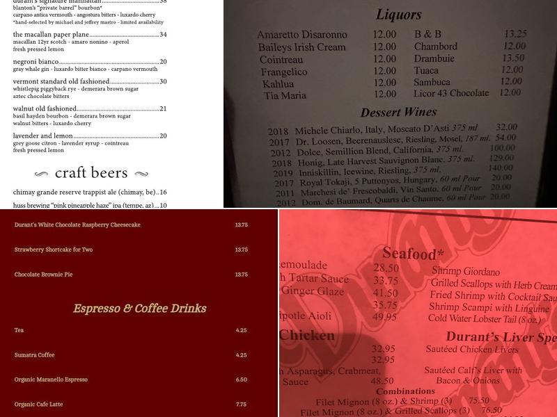 Durant's Menu