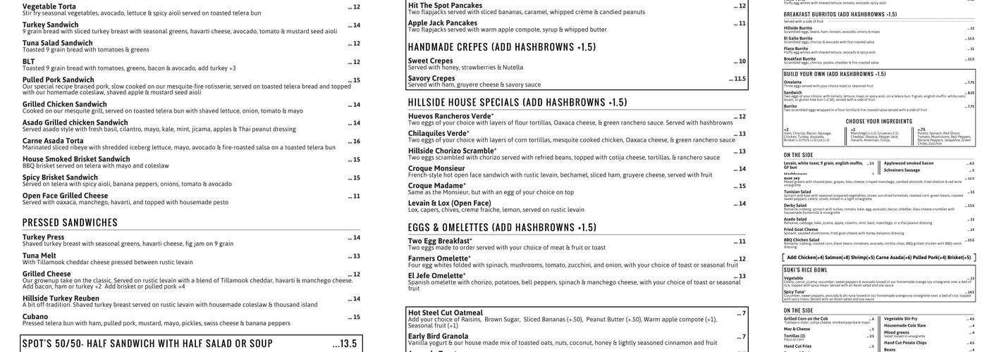 Hillside Spot Menu