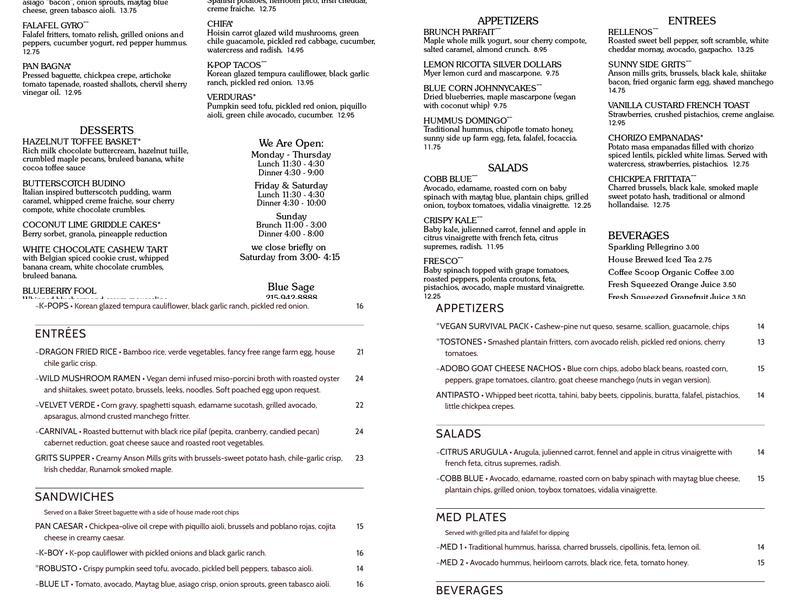 Blue Sage Vegetarian Grille Menu