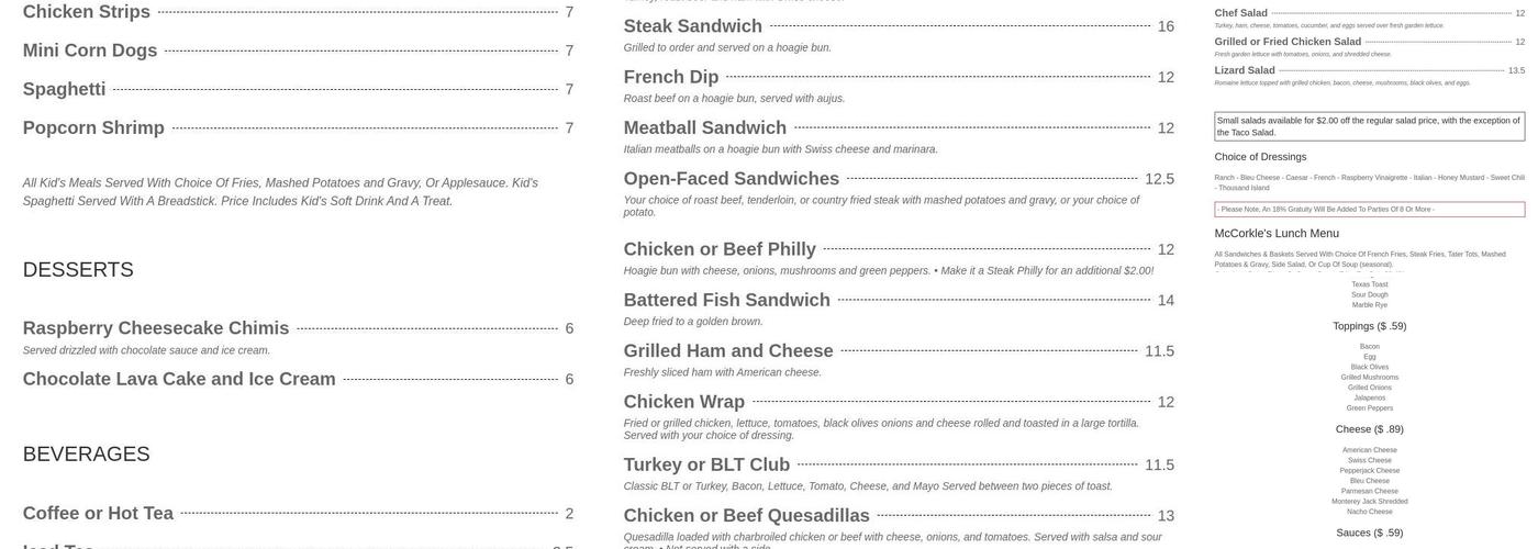 McCorkle's Menu