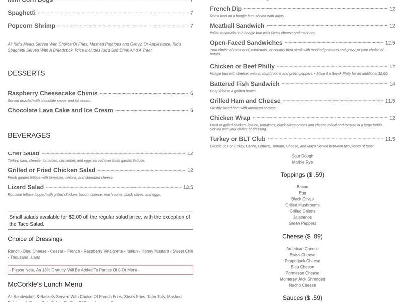 McCorkle's Menu