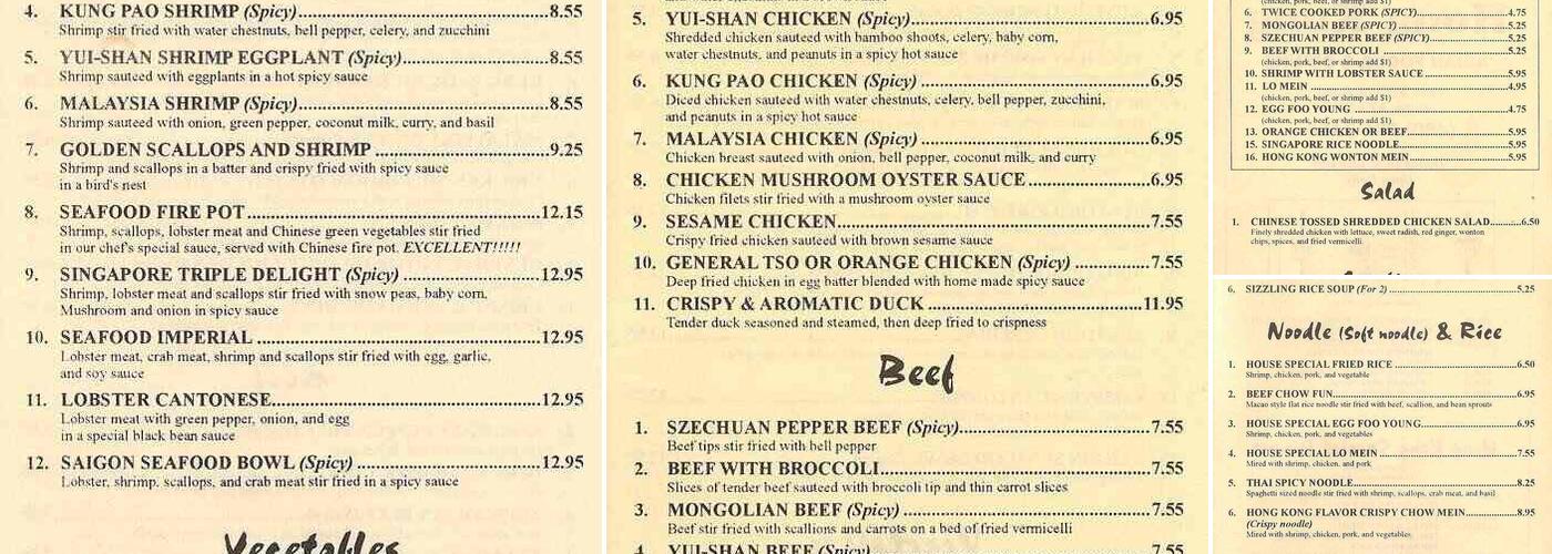 Hong Kong Asian Diner Menu