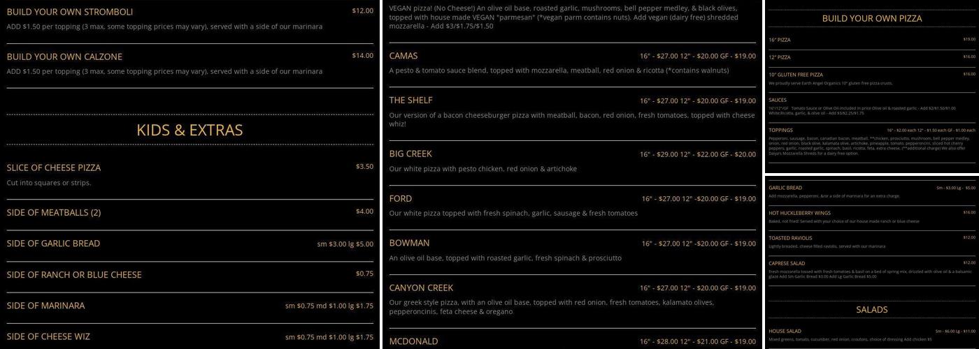 North Fork Pizza Menu