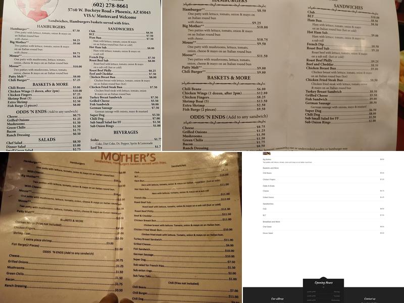 Mothers Bar & Grill Menu