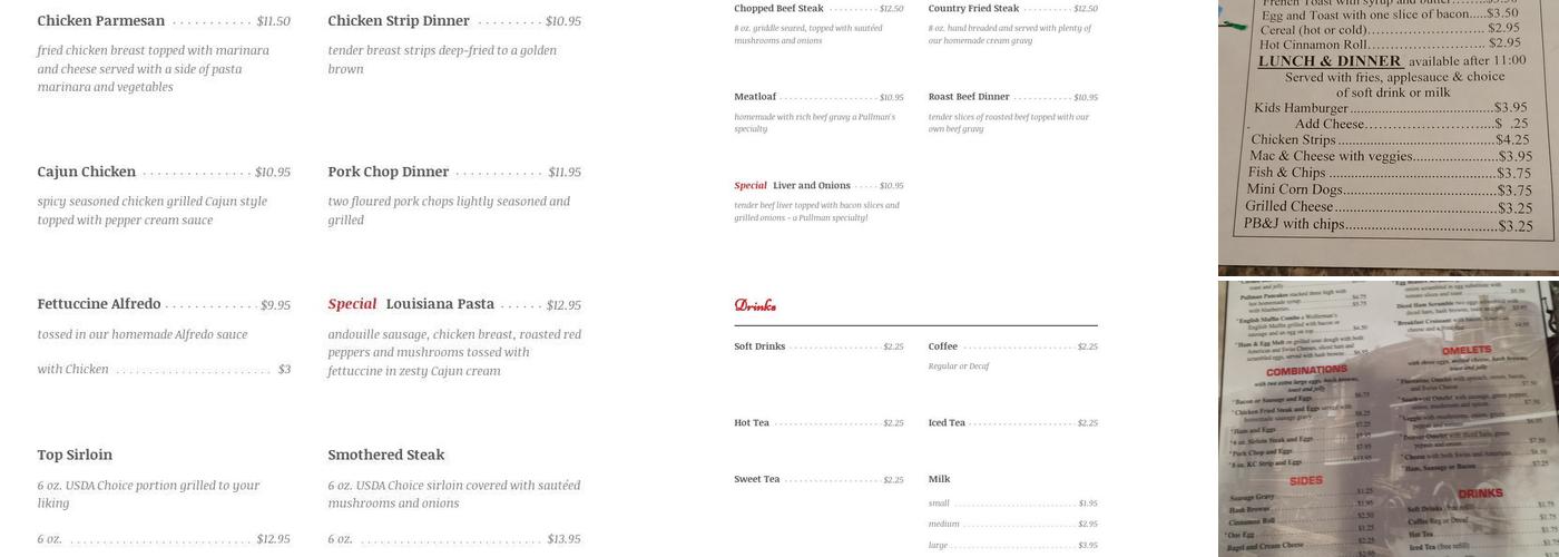Pullman Place Family Restaurant Menu