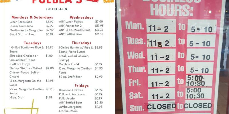 Puebla Mexican Restaurant Menu