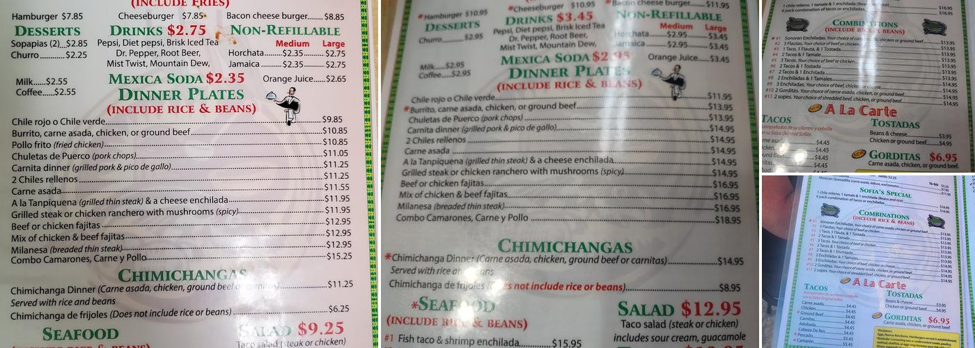 Sofia's Mexican Food Menu
