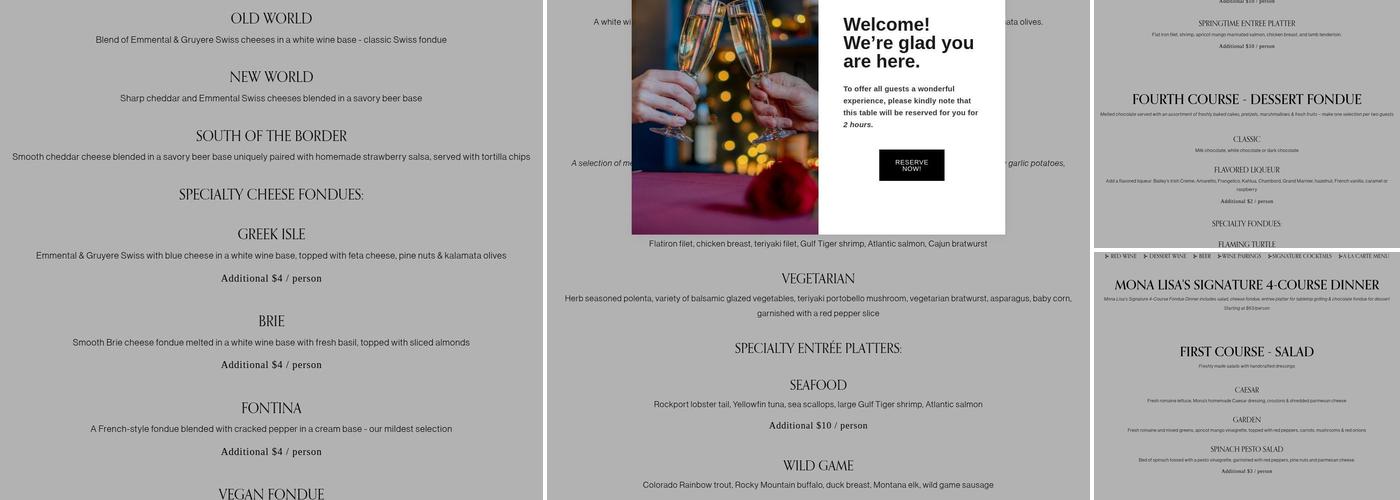 Mona Lisa Fondue Restaurant Menu