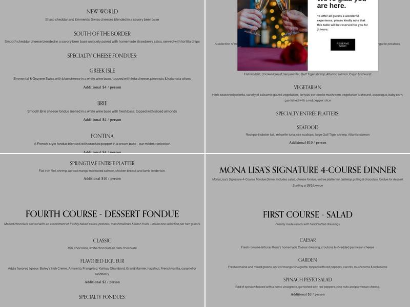 Mona Lisa Fondue Restaurant Menu