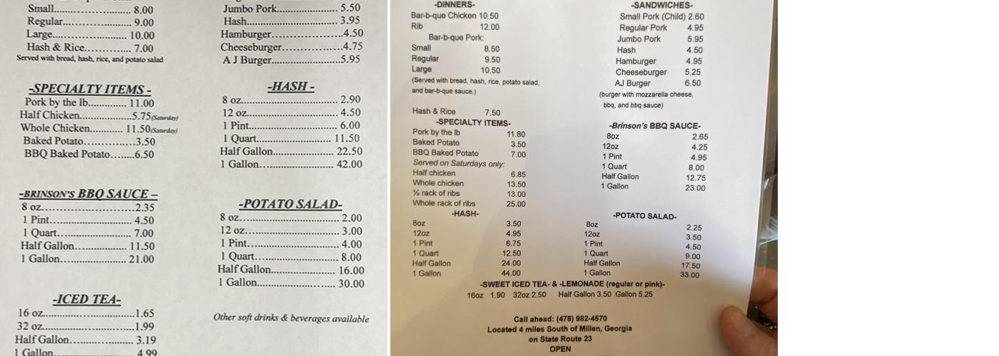 Brinson's Bar-B-Que Menu