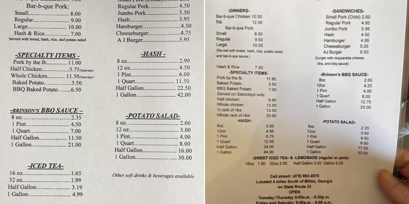 Brinson's Bar-B-Que Menu