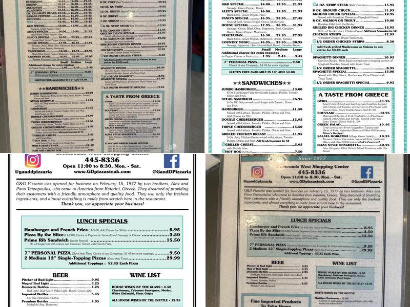 G & D Pizzaria Menu