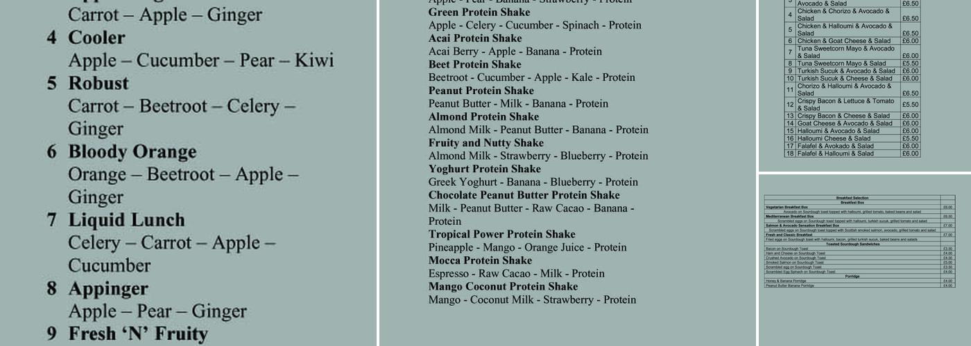 Fresh and Organic Cafe Menu