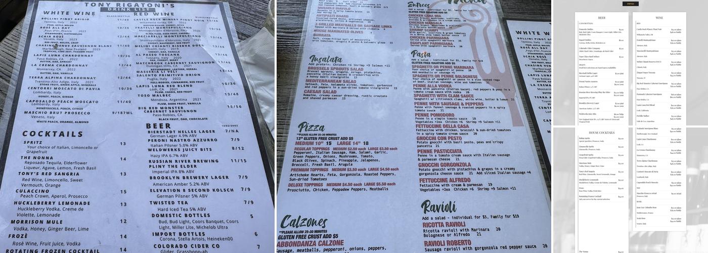 Tony Rigatoni's Italian Kitchen Menu