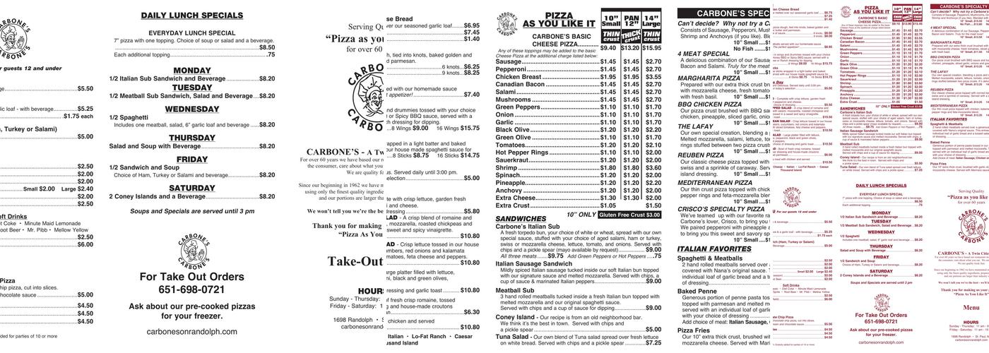 Carbones Pizza Menu