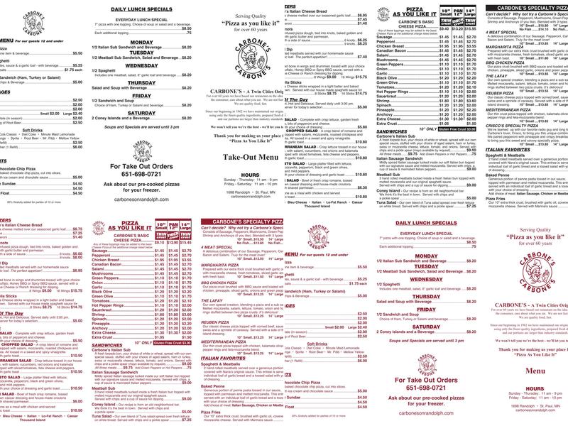 Carbones Pizza Menu