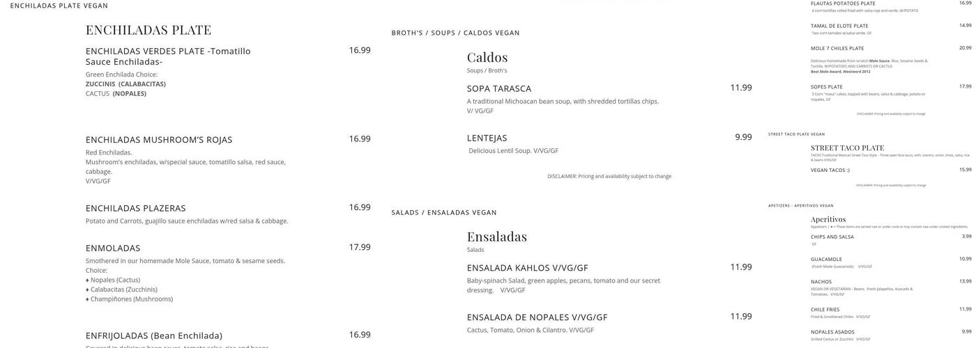 Kahlo's Restaurant Menu