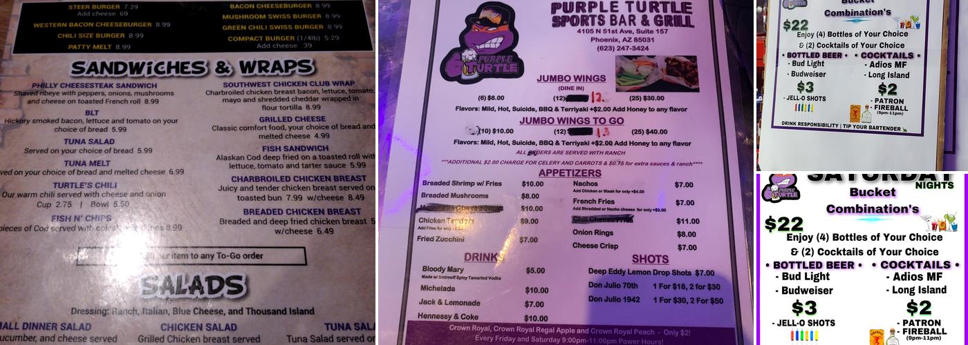 Purple Turtle Sports Bar & Night Club Menu